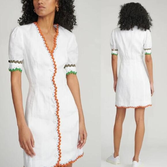 NEW Saloni Marlee Embroidered Scallop-Edge Embroidered Linen Dress White Size: 4 - Picture 8 of 8